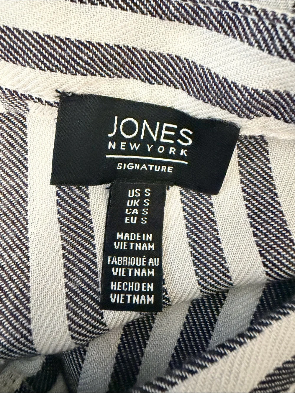 Jones New York Charcoal and White Vertical Stripe V-Neck Blouse